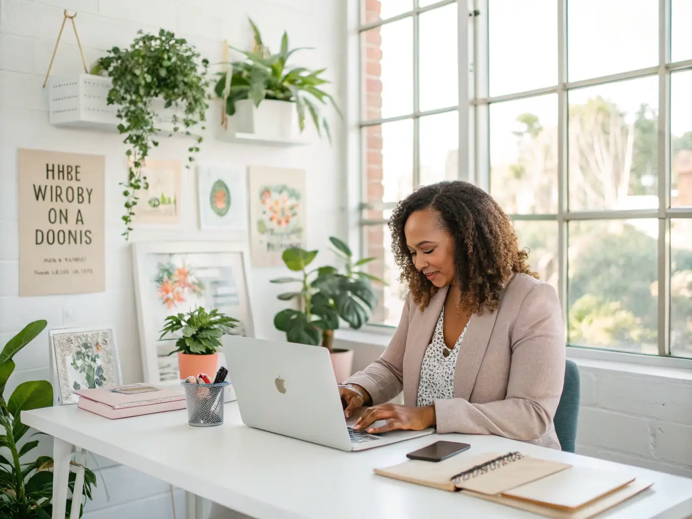A South African woman entrepreneur working on her laptop in a vibrant co-working space, surrounded by other motivated individuals, representing entrepreneurship coaching.