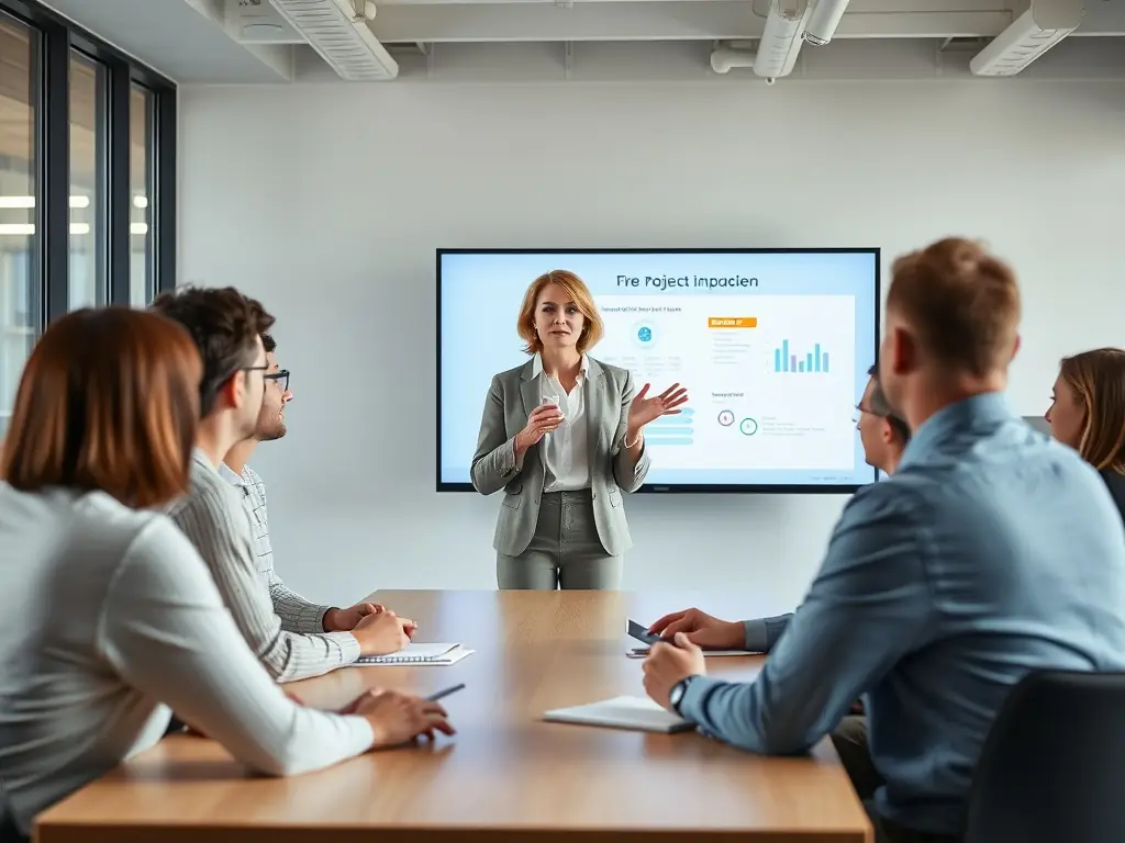 A confident South African woman in a business suit, leading a team meeting in a modern office setting, symbolizing leadership coaching.