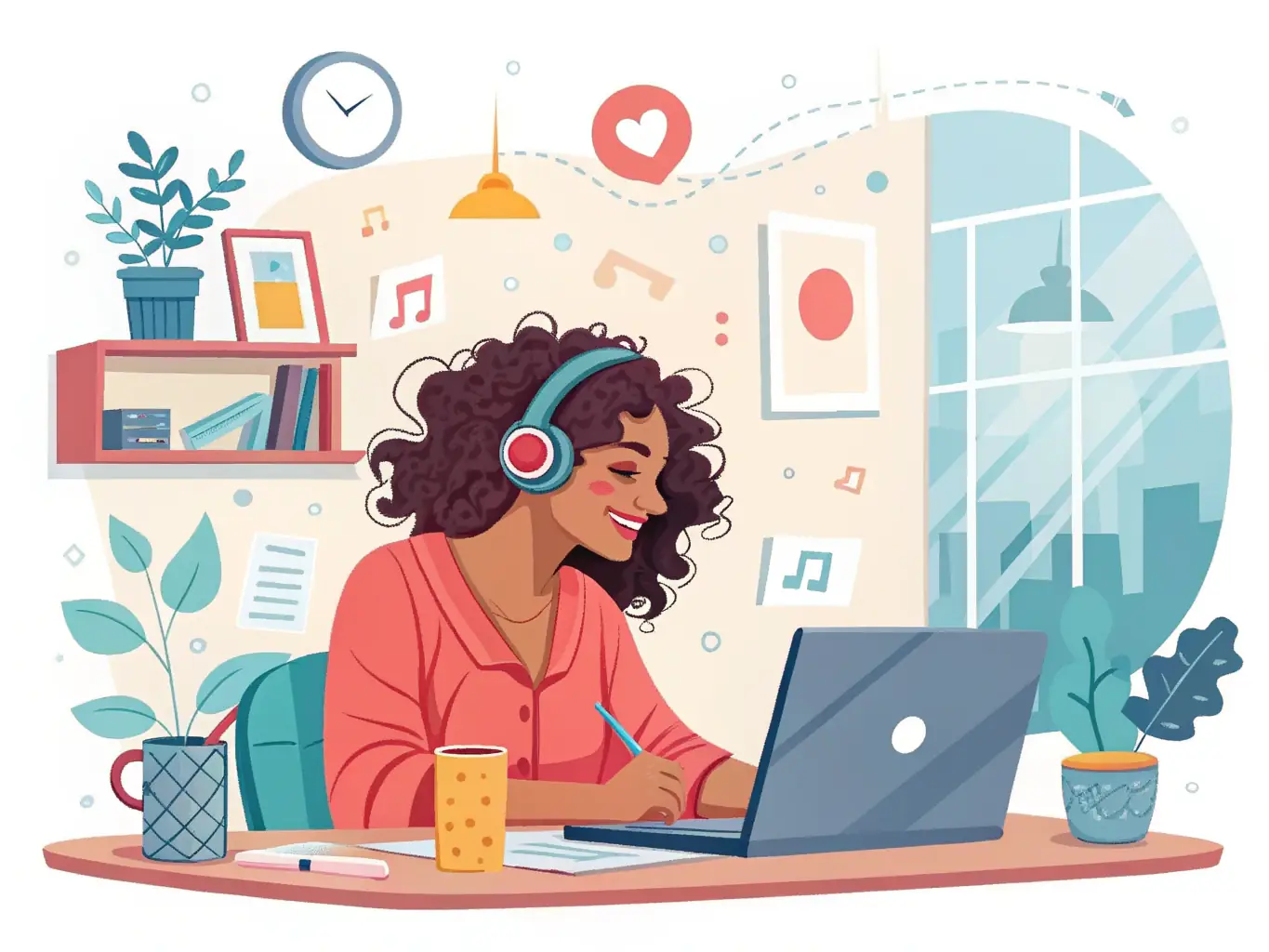 A South African woman entrepreneur working on her laptop in a vibrant co-working space, surrounded by plants and other entrepreneurs, symbolizing entrepreneurship coaching.