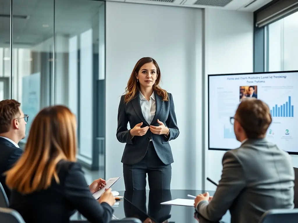 A confident South African woman in a business suit, leading a team meeting in a modern office setting, symbolizing leadership coaching.